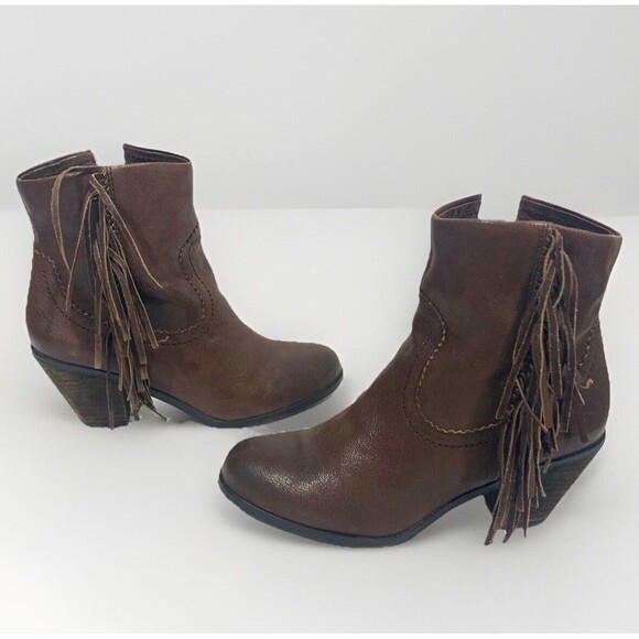 Sam Edelman Women’s Brown Leather Louie Fringe Ankle Stacked Heel Boots Size 7.5 - Picture 1 of 12